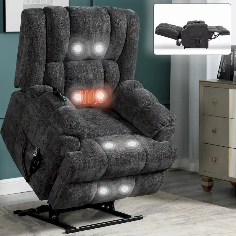 Fauteuil inclinable électrique gris extra large avec fonctions massage, chauffage et inclinaison à plat.