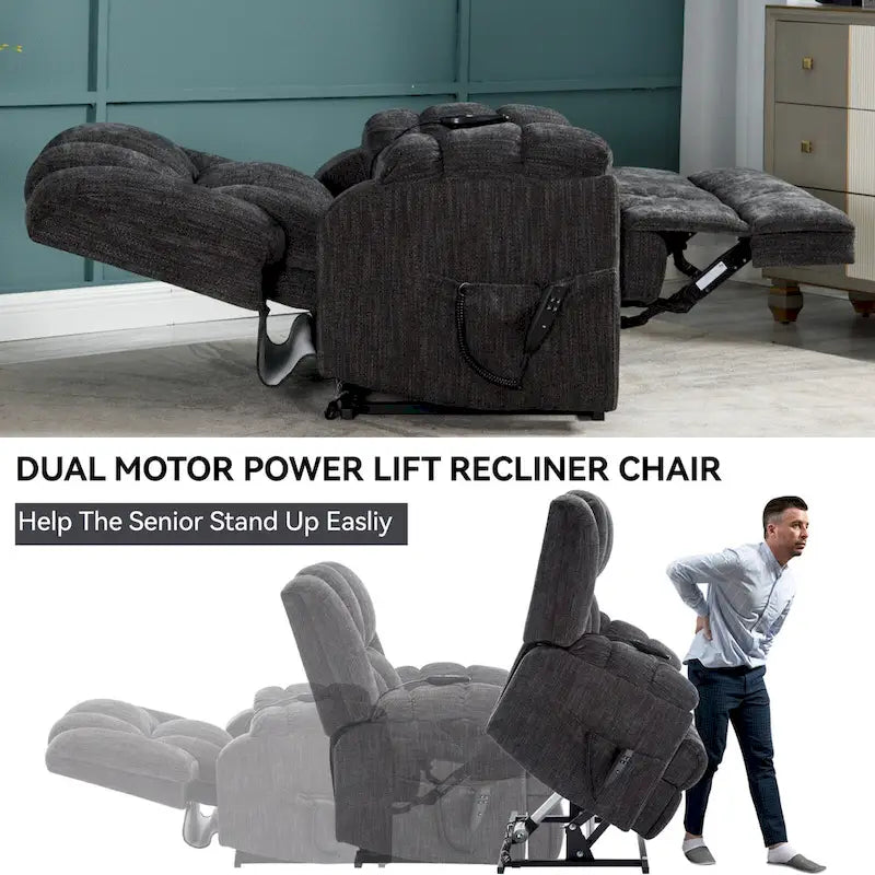 Fauteuil inclinable électrique gris extra large avec fonctions massage, chauffage et inclinaison à plat.