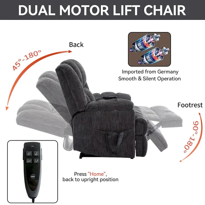 Fauteuil inclinable électrique gris extra large avec fonctions massage, chauffage et inclinaison à plat.