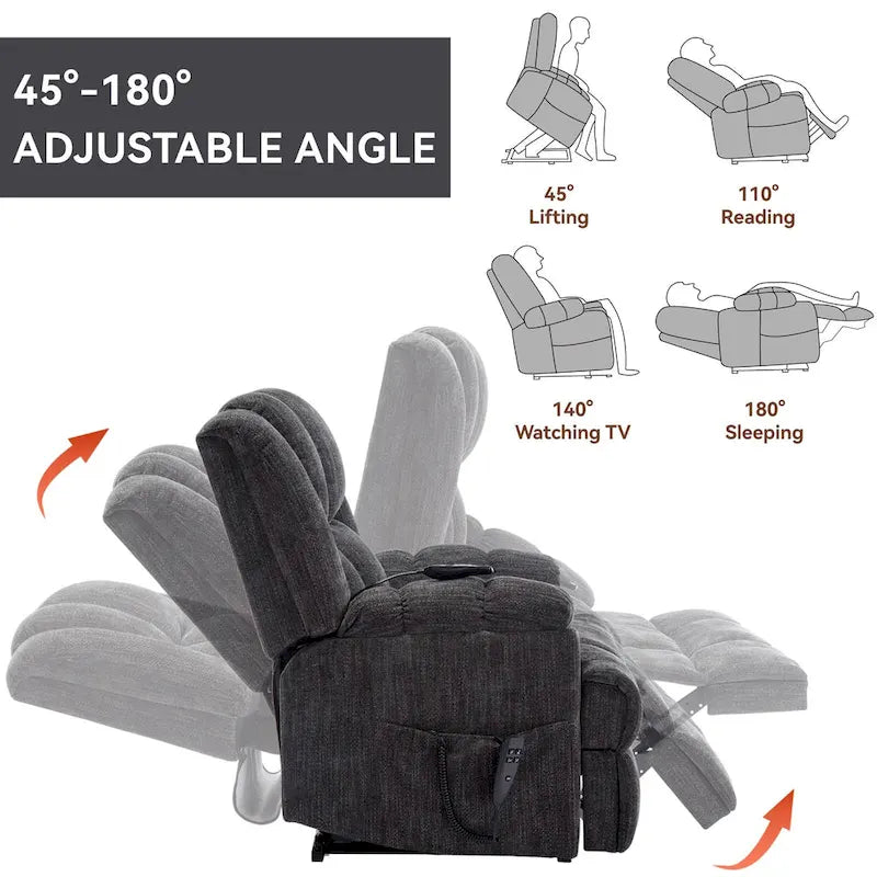 Fauteuil inclinable électrique gris extra large avec fonctions massage, chauffage et inclinaison à plat.