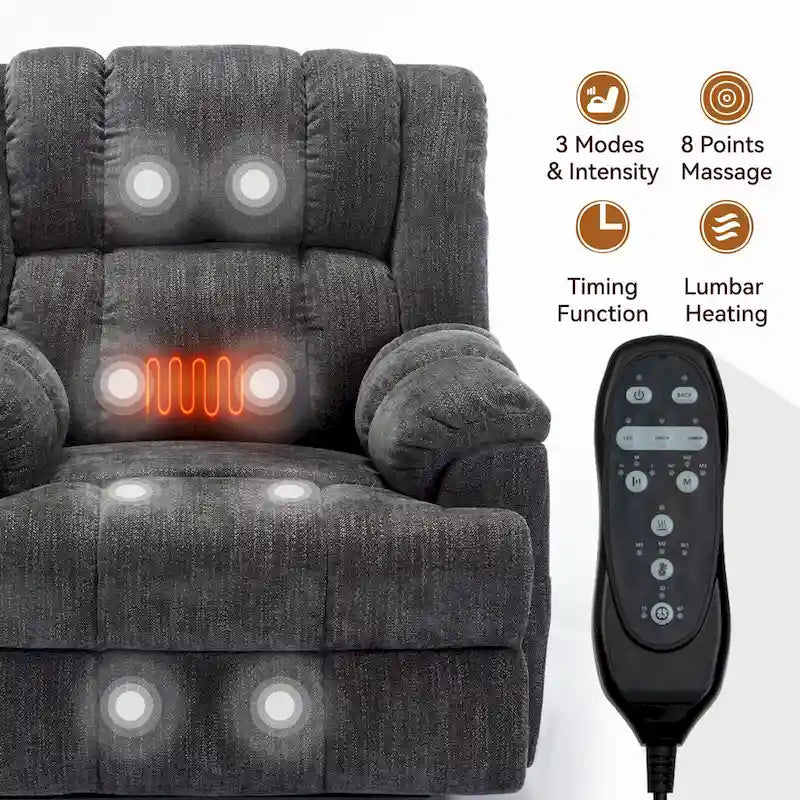 Fauteuil inclinable électrique gris extra large avec fonctions massage, chauffage et inclinaison à plat.