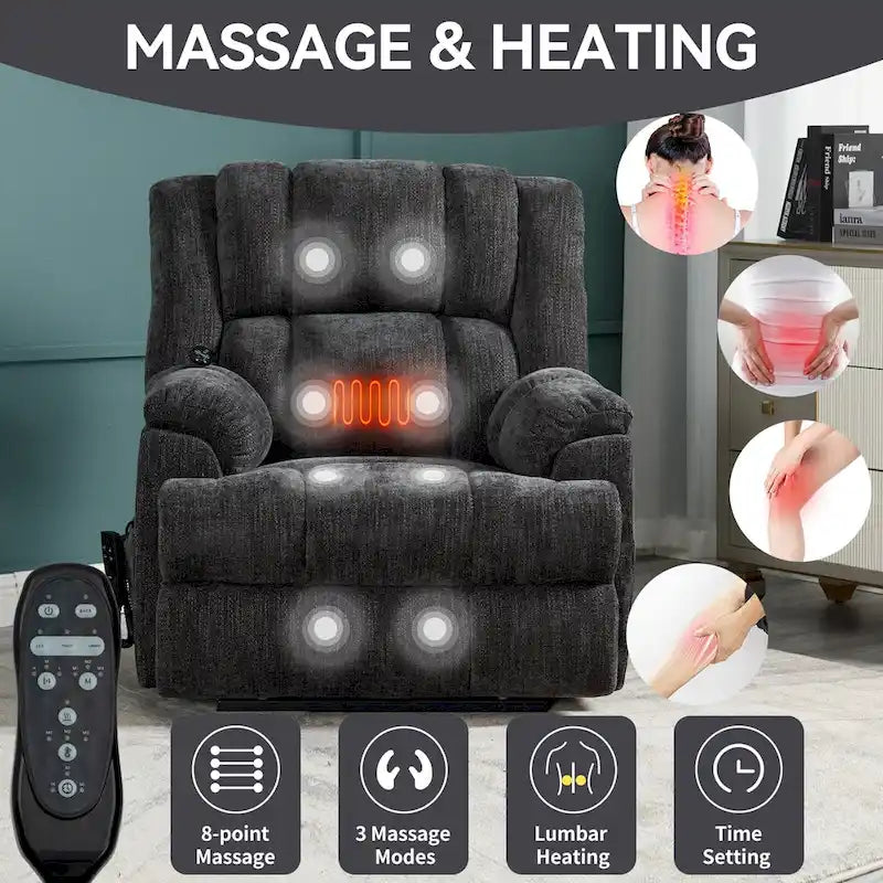 Fauteuil inclinable électrique gris extra large avec fonctions massage, chauffage et inclinaison à plat.