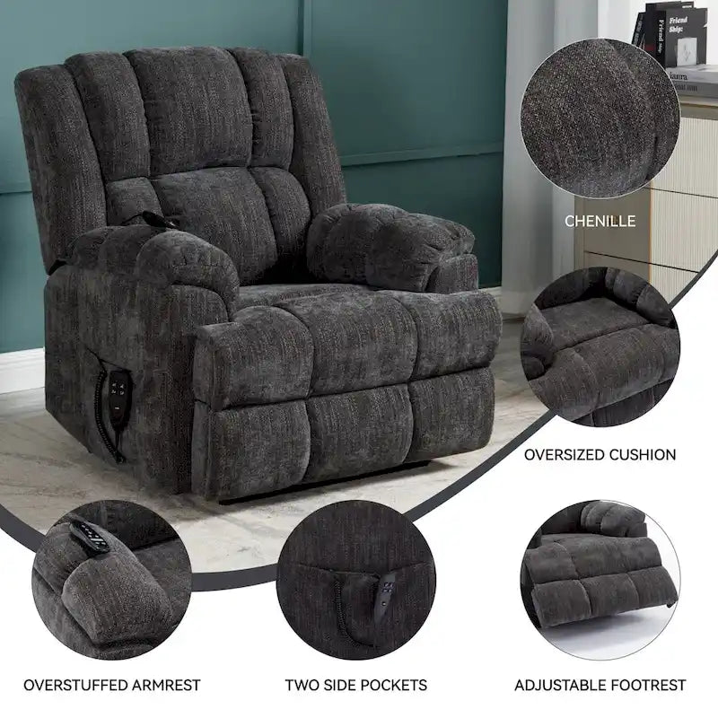 Fauteuil inclinable électrique gris extra large avec fonctions massage, chauffage et inclinaison à plat.
