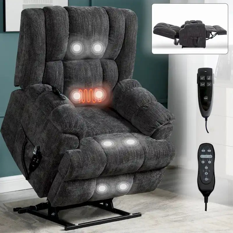 Fauteuil inclinable électrique gris extra large avec fonctions massage, chauffage et inclinaison à plat.