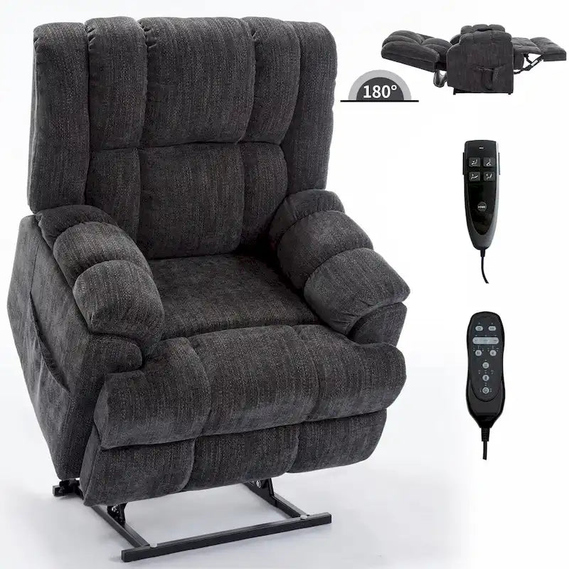 Fauteuil inclinable électrique gris extra large avec fonctions massage, chauffage et inclinaison à plat.