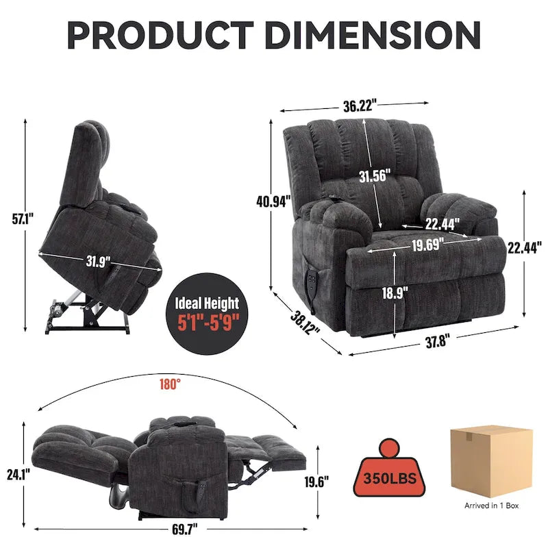 Fauteuil inclinable électrique gris extra large avec fonctions massage, chauffage et inclinaison à plat.