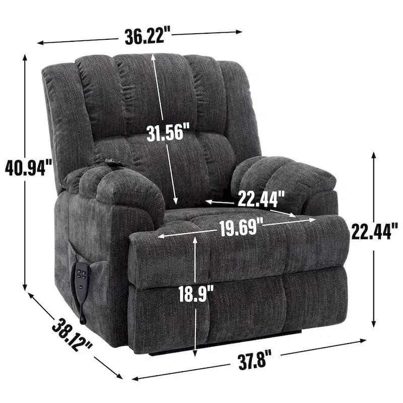 Fauteuil inclinable électrique gris extra large avec fonctions massage, chauffage et inclinaison à plat.
