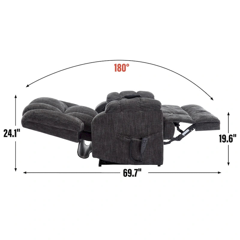Fauteuil inclinable électrique gris extra large avec fonctions massage, chauffage et inclinaison à plat.