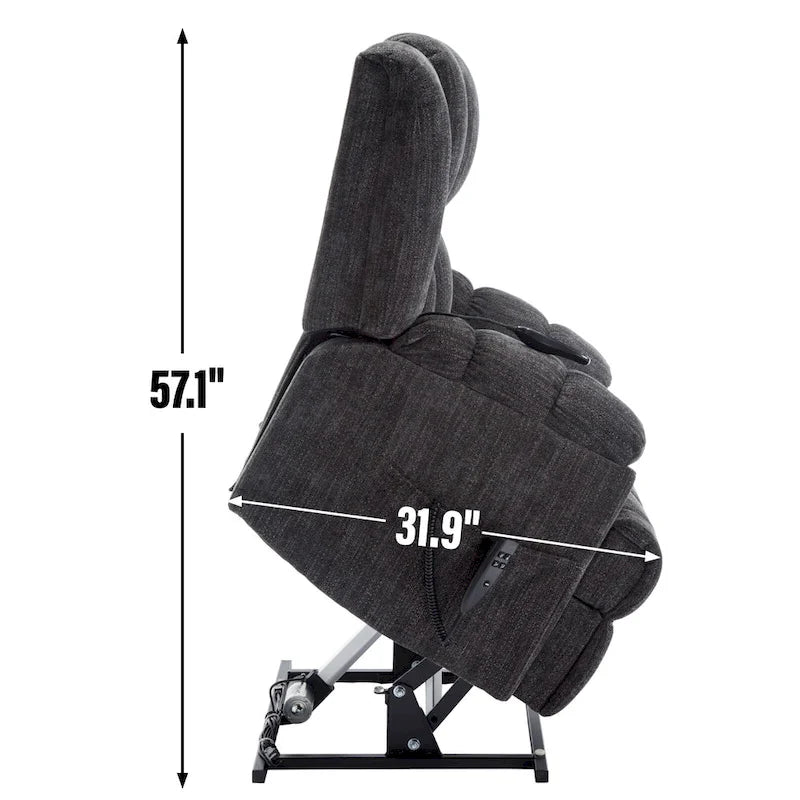 Fauteuil inclinable électrique gris extra large avec fonctions massage, chauffage et inclinaison à plat.