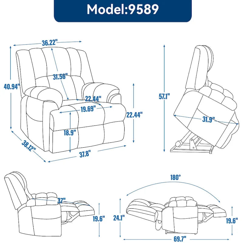 Fauteuil inclinable électrique gris extra large avec fonctions massage, chauffage et inclinaison à plat.