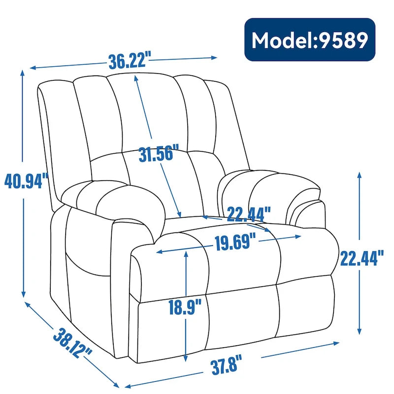 Fauteuil inclinable électrique gris extra large avec fonctions massage, chauffage et inclinaison à plat.