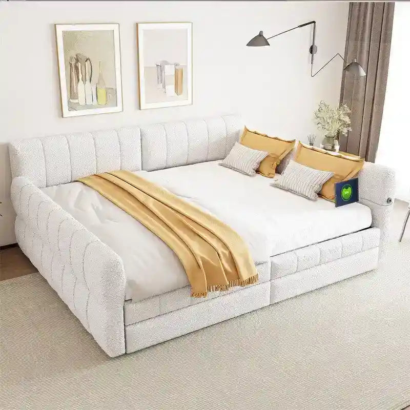 Upholstered Daybed with 2 Storage Drawers, Queen Size Sofa Bed Frame with USB Ports Design and Wood Slats Support