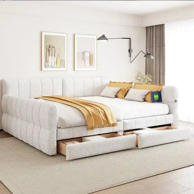 Lit de repos rembourré avec 2 tiroirs de rangement, cadre de canapé-lit queen size avec ports USB et support à lattes en bois