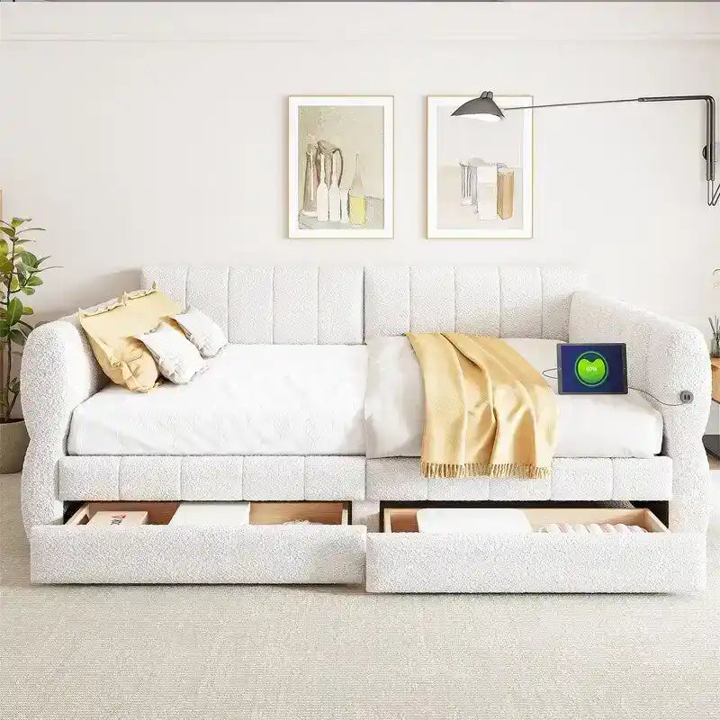 Lit de repos rembourré avec 2 tiroirs de rangement, cadre de canapé-lit queen size avec ports USB et support à lattes en bois