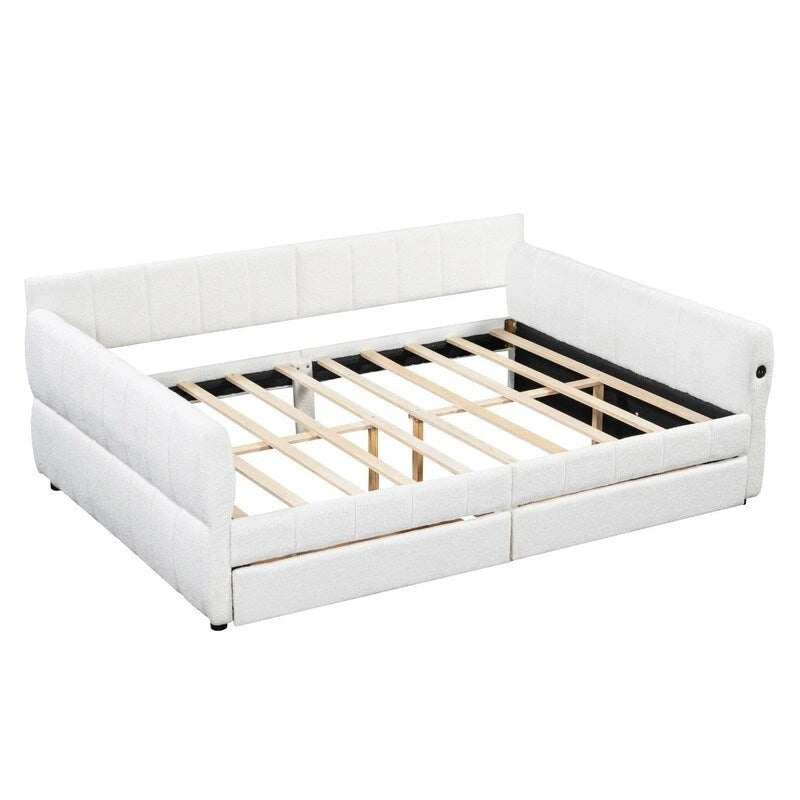 Lit de repos rembourré avec 2 tiroirs de rangement, cadre de canapé-lit queen size avec ports USB et support à lattes en bois