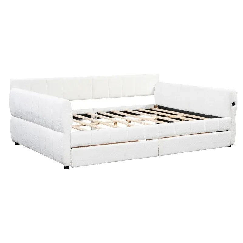 Lit de repos rembourré avec 2 tiroirs de rangement, cadre de canapé-lit queen size avec ports USB et support à lattes en bois