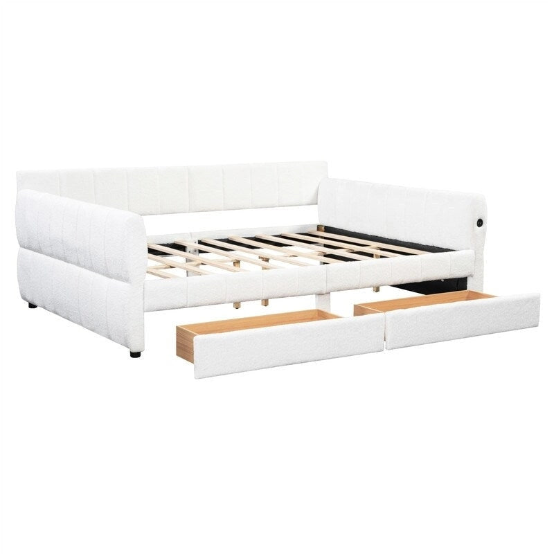 Lit de repos rembourré avec 2 tiroirs de rangement, cadre de canapé-lit queen size avec ports USB et support à lattes en bois