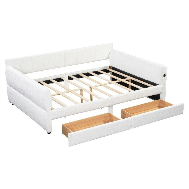 Lit de repos rembourré avec 2 tiroirs de rangement, cadre de canapé-lit queen size avec ports USB et support à lattes en bois