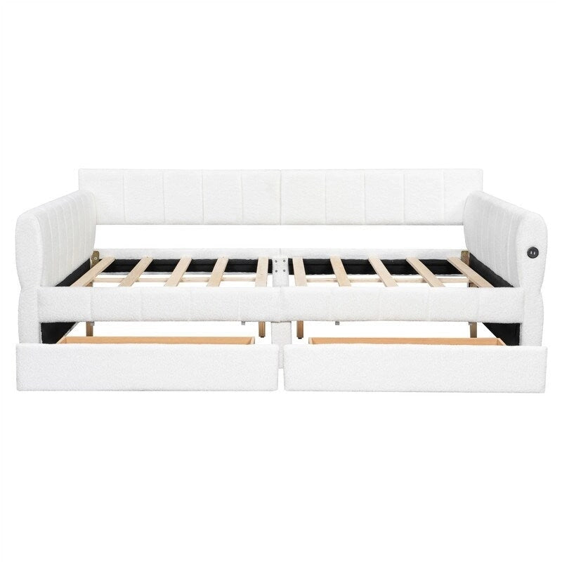Lit de repos rembourré avec 2 tiroirs de rangement, cadre de canapé-lit queen size avec ports USB et support à lattes en bois