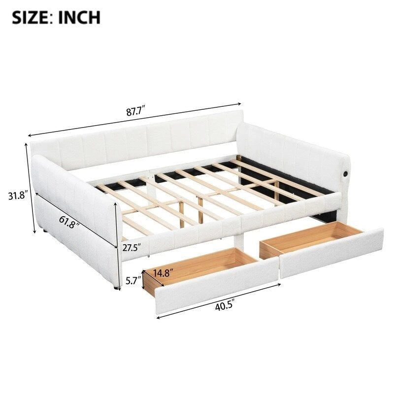 Lit de repos rembourré avec 2 tiroirs de rangement, cadre de canapé-lit queen size avec ports USB et support à lattes en bois