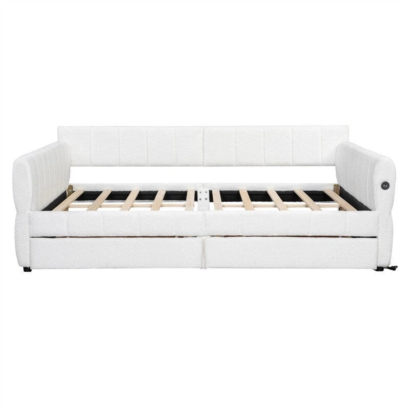 Lit de repos rembourré avec 2 tiroirs de rangement, cadre de canapé-lit queen size avec ports USB et support à lattes en bois