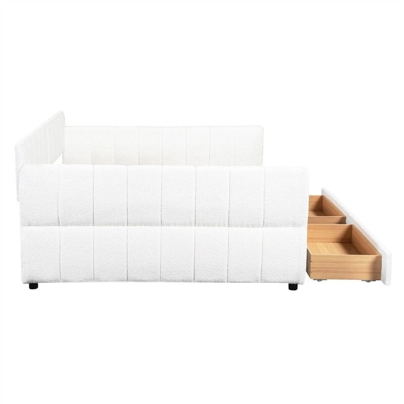 Lit de repos rembourré avec 2 tiroirs de rangement, cadre de canapé-lit queen size avec ports USB et support à lattes en bois