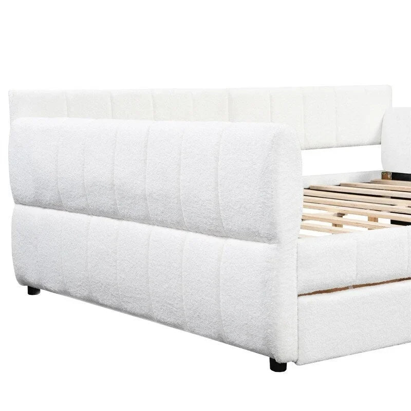 Lit de repos rembourré avec 2 tiroirs de rangement, cadre de canapé-lit queen size avec ports USB et support à lattes en bois