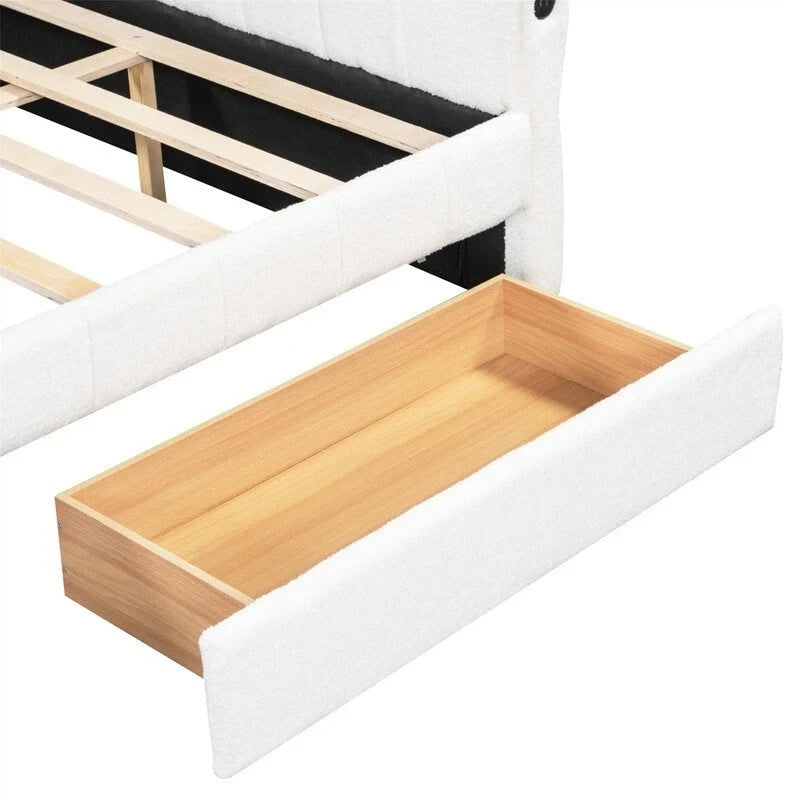 Lit de repos rembourré avec 2 tiroirs de rangement, cadre de canapé-lit queen size avec ports USB et support à lattes en bois