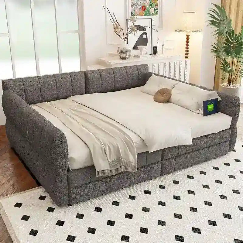 Lit de repos rembourré avec 2 tiroirs de rangement, cadre de canapé-lit queen size avec ports USB et support à lattes en bois