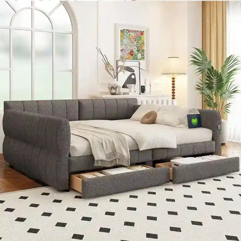 Lit de repos rembourré avec 2 tiroirs de rangement, cadre de canapé-lit queen size avec ports USB et support à lattes en bois