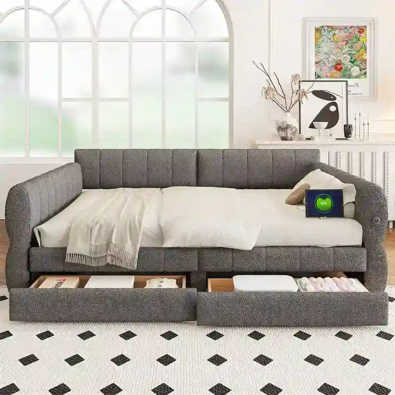 Lit de repos rembourré avec 2 tiroirs de rangement, cadre de canapé-lit queen size avec ports USB et support à lattes en bois
