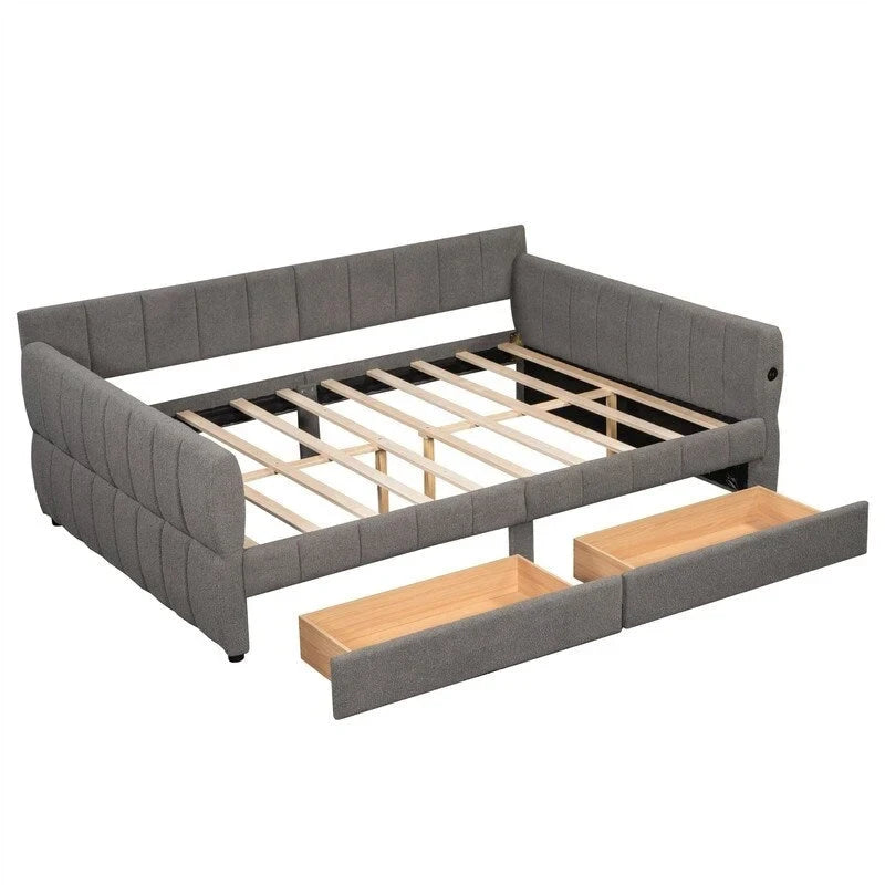Lit de repos rembourré avec 2 tiroirs de rangement, cadre de canapé-lit queen size avec ports USB et support à lattes en bois