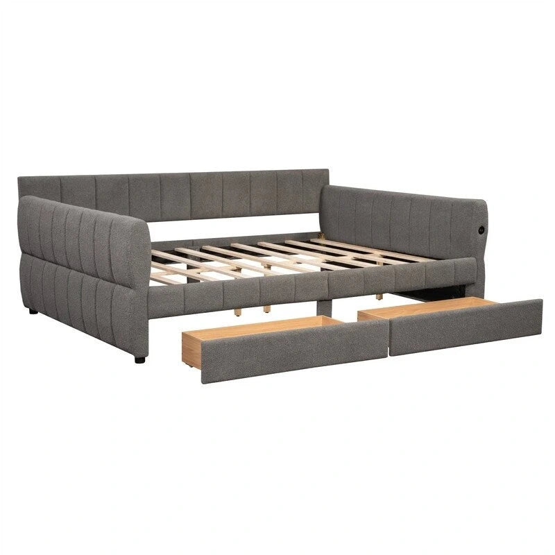 Lit de repos rembourré avec 2 tiroirs de rangement, cadre de canapé-lit queen size avec ports USB et support à lattes en bois