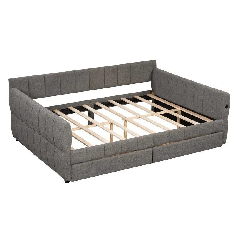 Lit de repos rembourré avec 2 tiroirs de rangement, cadre de canapé-lit queen size avec ports USB et support à lattes en bois