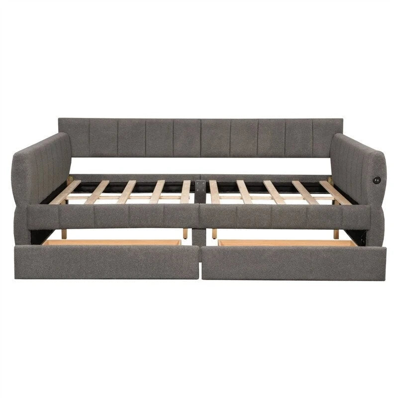 Lit de repos rembourré avec 2 tiroirs de rangement, cadre de canapé-lit queen size avec ports USB et support à lattes en bois