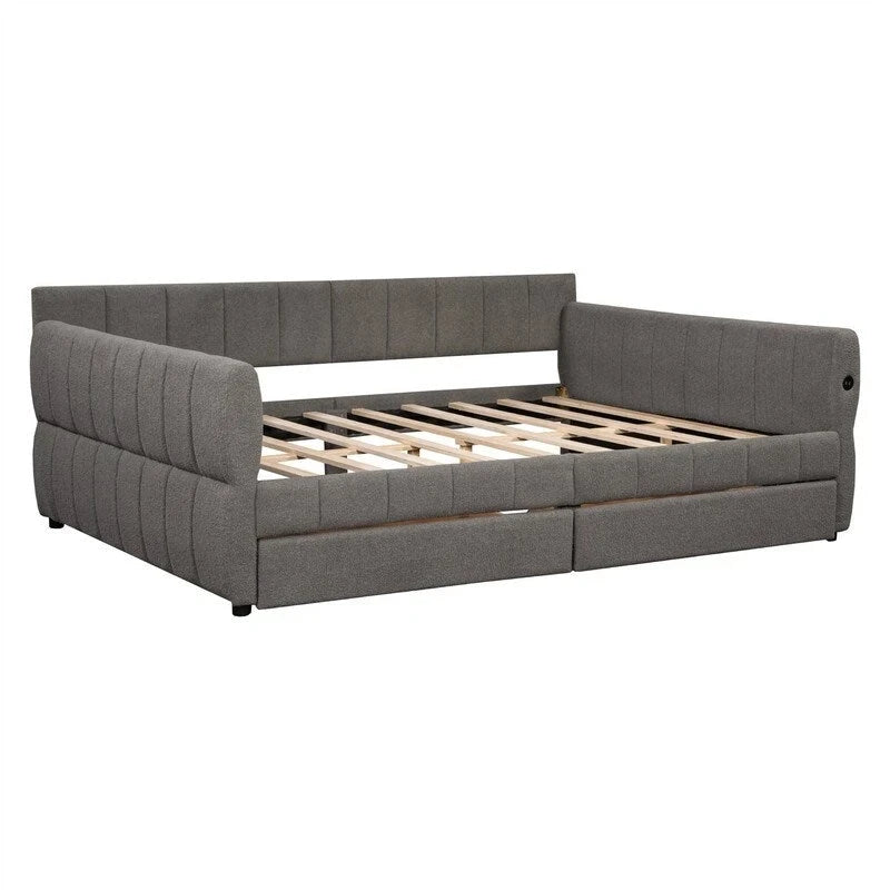 Lit de repos rembourré avec 2 tiroirs de rangement, cadre de canapé-lit queen size avec ports USB et support à lattes en bois