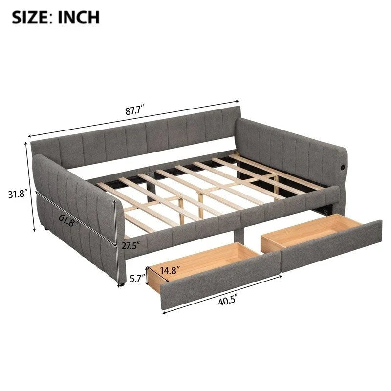 Lit de repos rembourré avec 2 tiroirs de rangement, cadre de canapé-lit queen size avec ports USB et support à lattes en bois