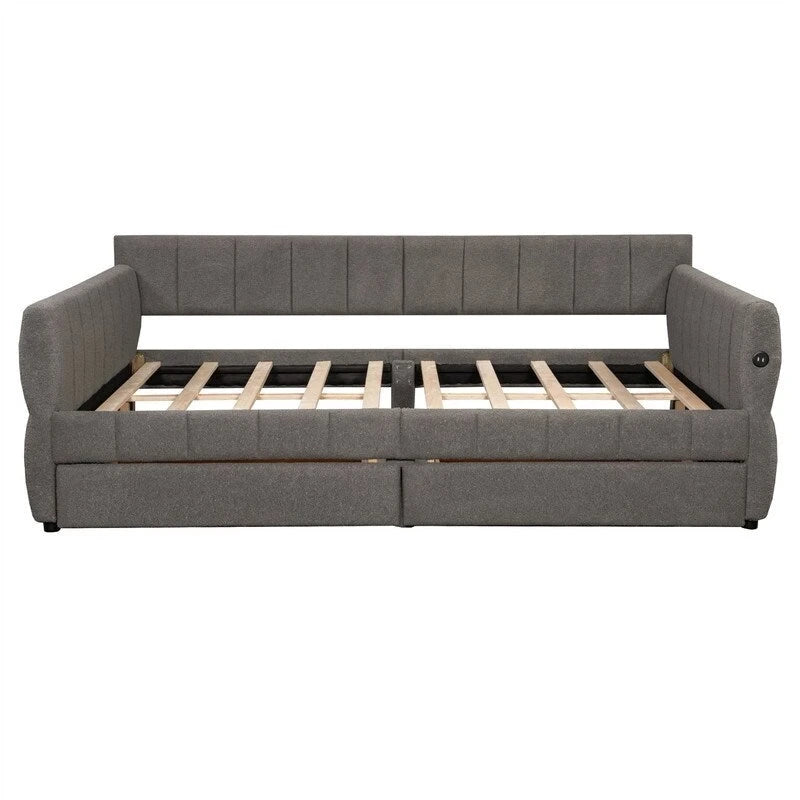 Lit de repos rembourré avec 2 tiroirs de rangement, cadre de canapé-lit queen size avec ports USB et support à lattes en bois