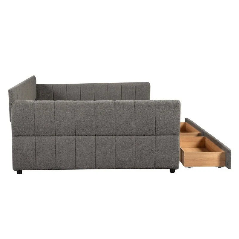 Lit de repos rembourré avec 2 tiroirs de rangement, cadre de canapé-lit queen size avec ports USB et support à lattes en bois