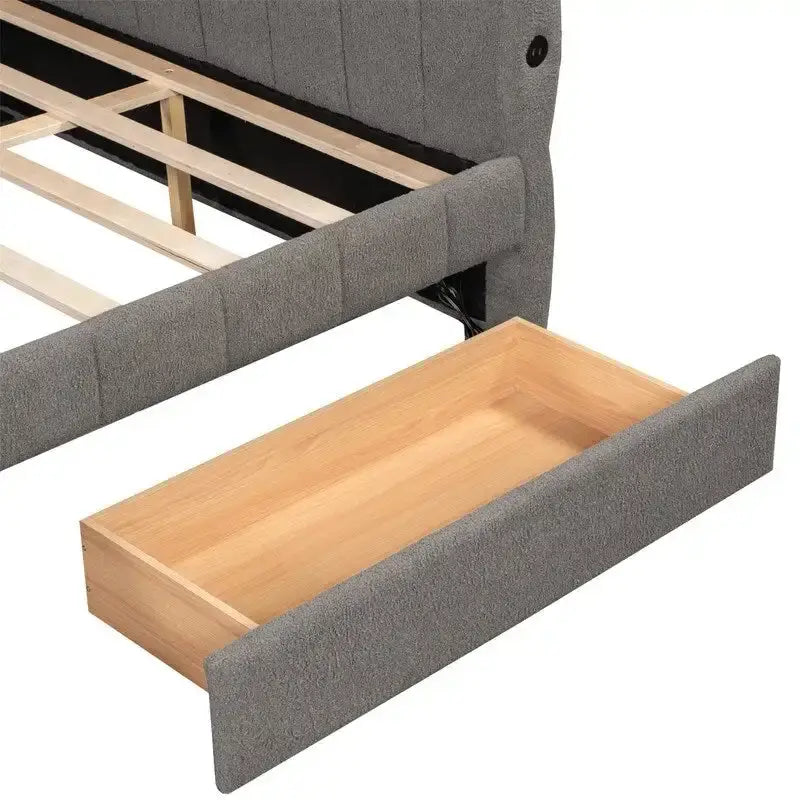 Lit de repos rembourré avec 2 tiroirs de rangement, cadre de canapé-lit queen size avec ports USB et support à lattes en bois