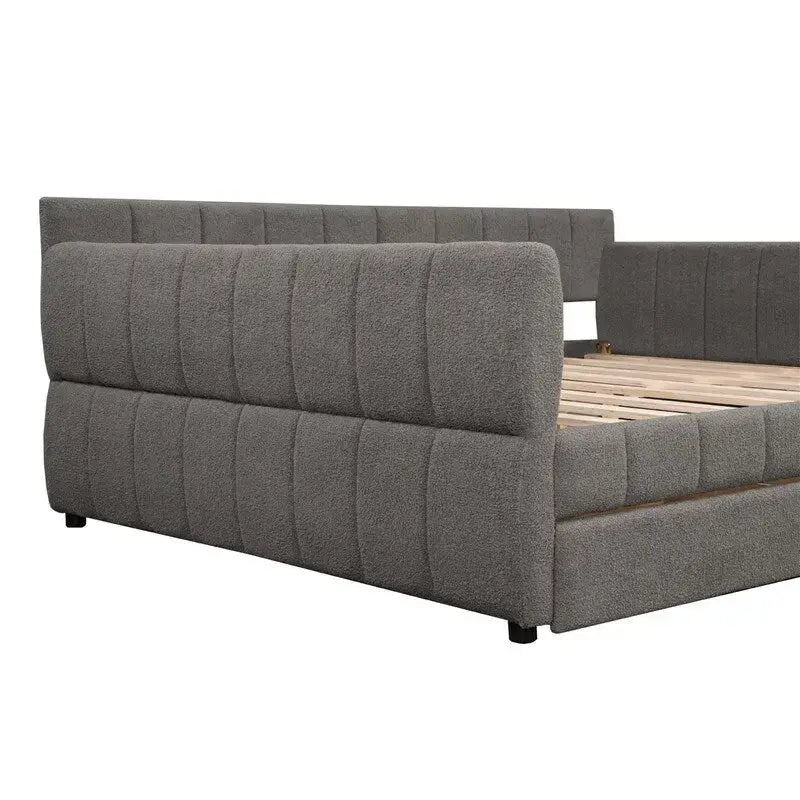 Lit de repos rembourré avec 2 tiroirs de rangement, cadre de canapé-lit queen size avec ports USB et support à lattes en bois