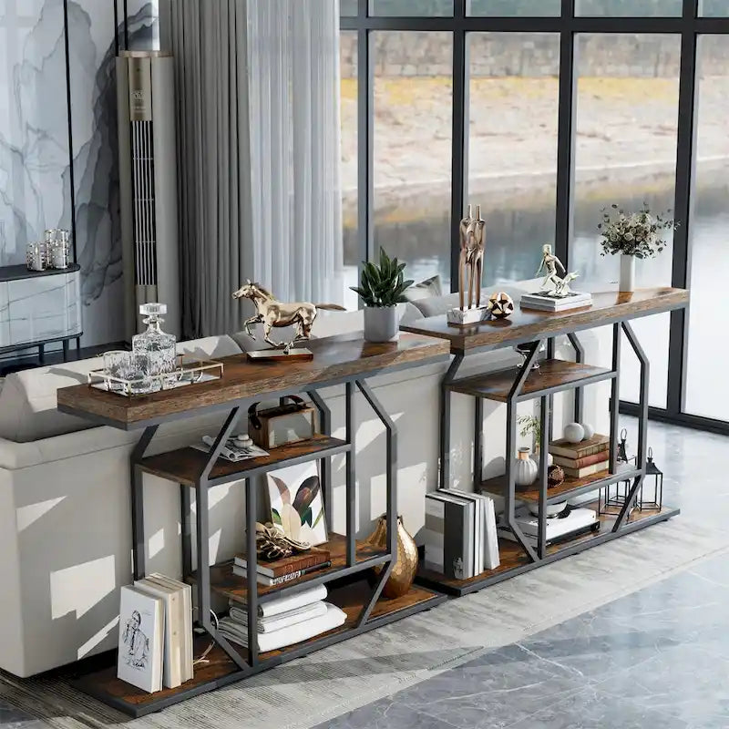 47.24 Table console rustique longue, table de rangement derrière le canapé avec 4 étagères
