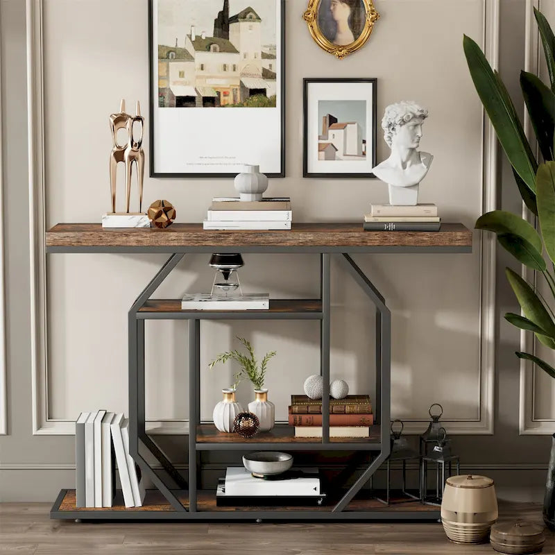 47.24 Table console rustique longue, table de rangement derrière le canapé avec 4 étagères