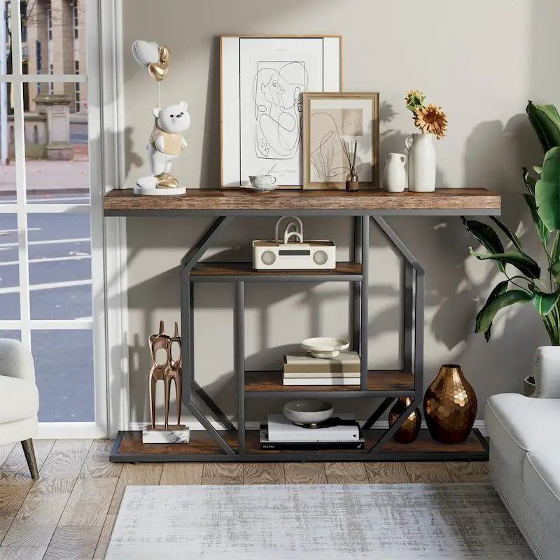 47.24 Table console rustique longue, table de rangement derrière le canapé avec 4 étagères