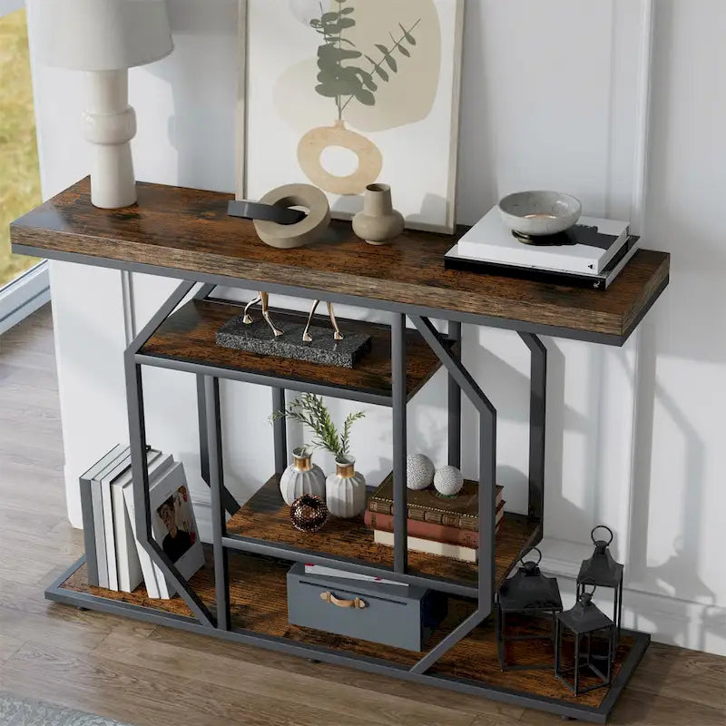 47.24 Table console rustique longue, table de rangement derrière le canapé avec 4 étagères