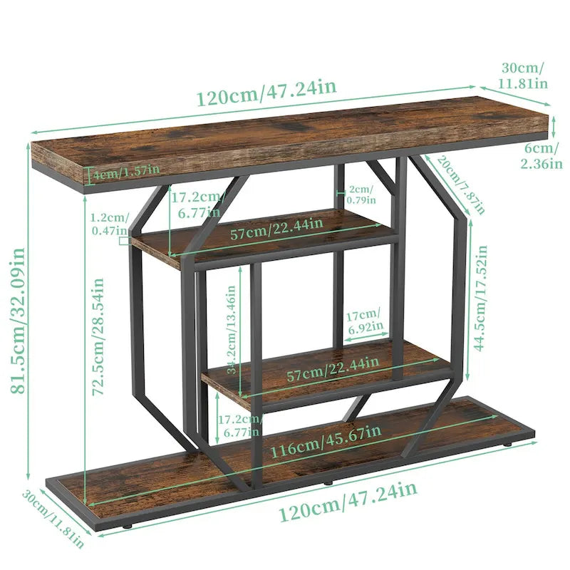 47.24 Table console rustique longue, table de rangement derrière le canapé avec 4 étagères