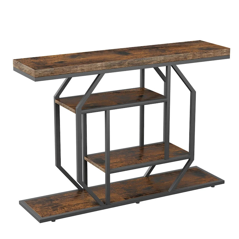 47.24 Table console rustique longue, table de rangement derrière le canapé avec 4 étagères