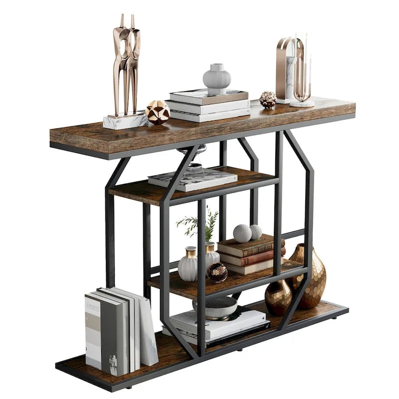 47.24 Table console rustique longue, table de rangement derrière le canapé avec 4 étagères