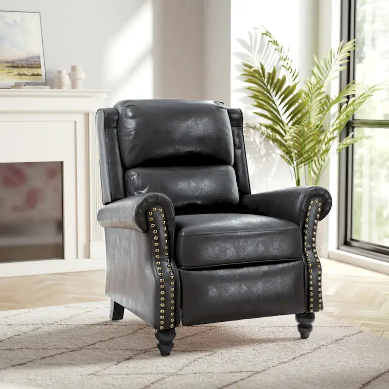 Fauteuil inclinable à dossier basculant, assise rembourrée et cloutée