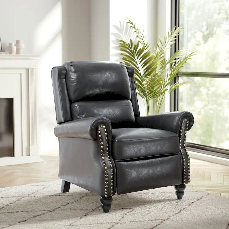 Fauteuil inclinable à dossier basculant, assise rembourrée et cloutée